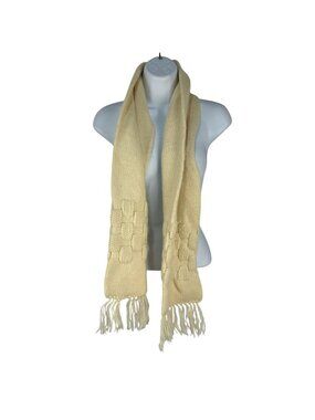Knitted Beige Scarf With Fringed Ends & Basket-Weave Pattern For Women